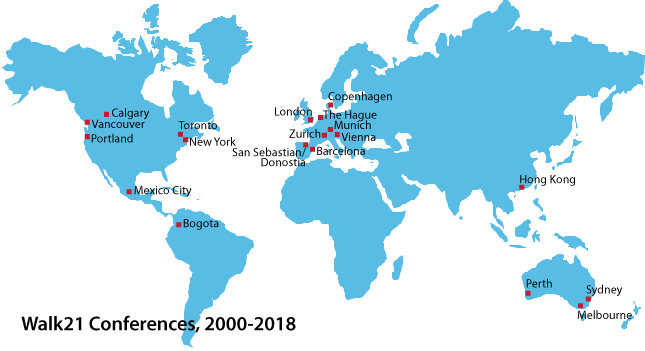 Walk21 conference venues on world map